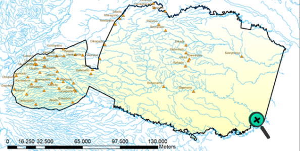 Mapa de comunidades huaorani, parientes del clan taromenani. Se resaltan los dos grandes ríos como sus fronteras históricas naturales