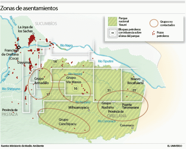 Parque Nacional Yasuní, bloques petroleros y presencia Taromenani elaborado por el Universo en base a información del MAE